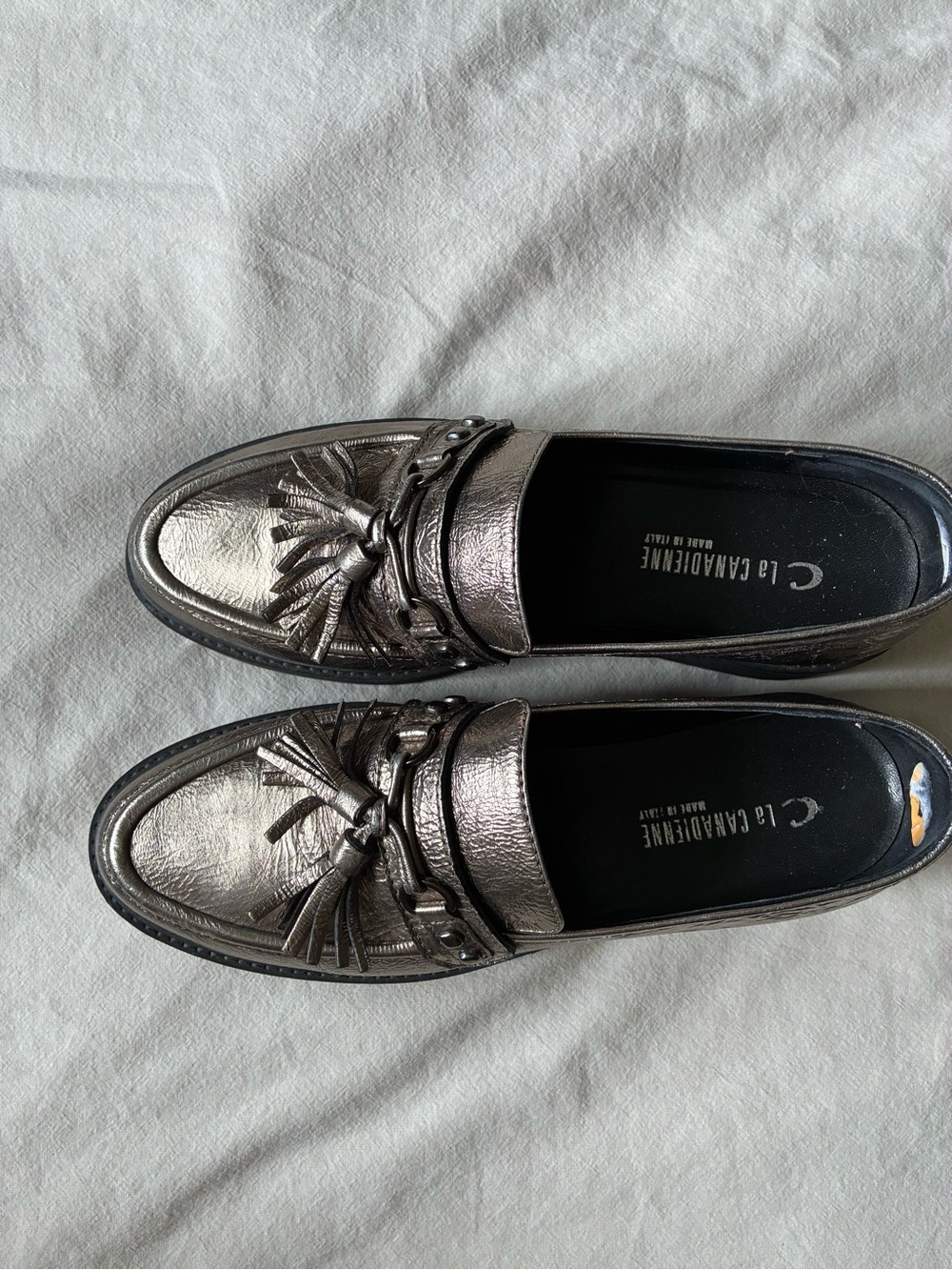 La CANADIENNE Metallic Pewter Tassel Loafers